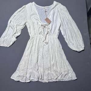 Fairycore NWT Surf Gypsy Off White Gold Metallic Stripe Tie Front Mini Dress M